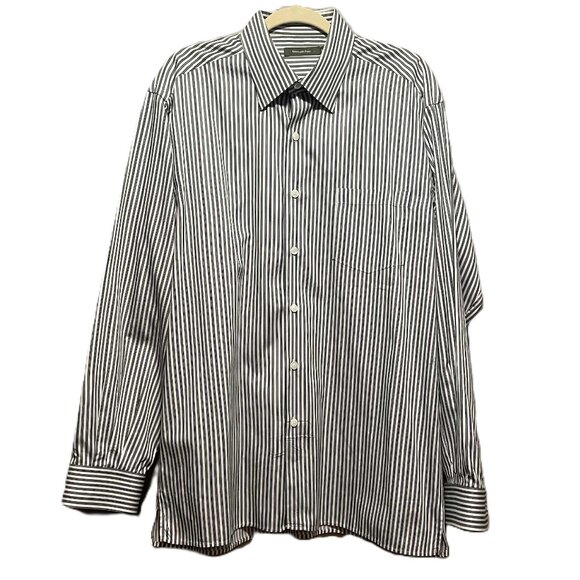 Zegna Men's XXL Dress Shirt Black Gray White Stripe Long Sleeve Button-Up - Picture 8 of 8